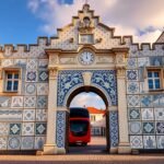 Óbidos Porta da Vila kapuja csempével borított falain, piros busszal