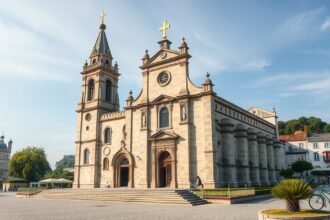 Óbidos Szent Péter-templom külső nézete, gótikus és barokk elemekkel.