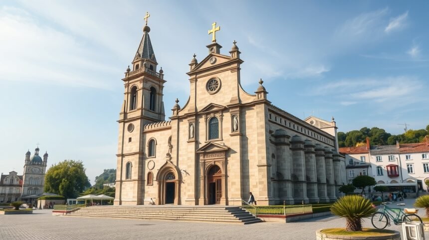 Óbidos Szent Péter-templom külső nézete, gótikus és barokk elemekkel.