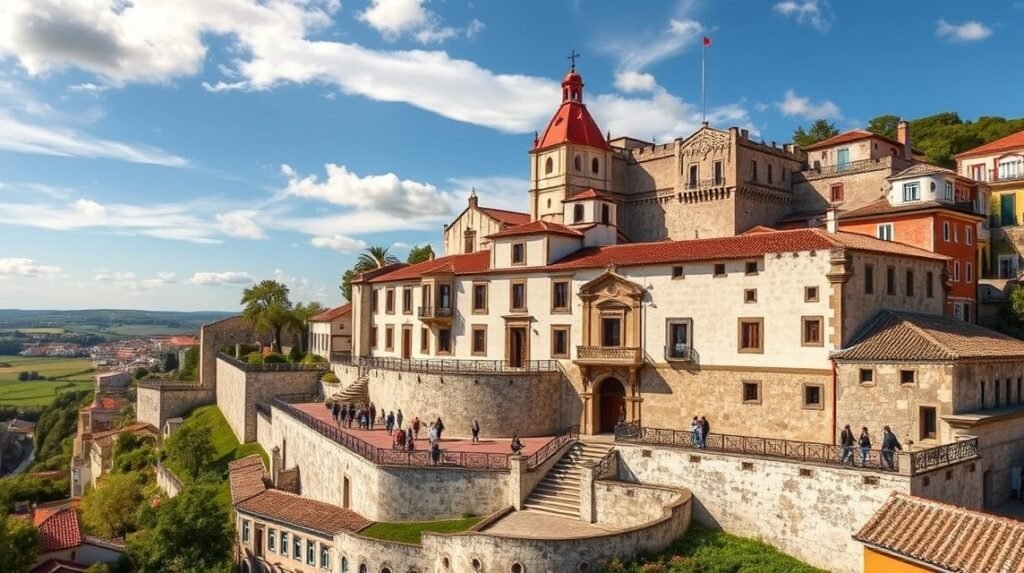Óbidos Pelourinho és városkép a napfényben
