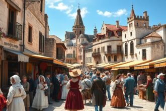 Középkori piac Óbidosban, helyi ízek és kézművesek.