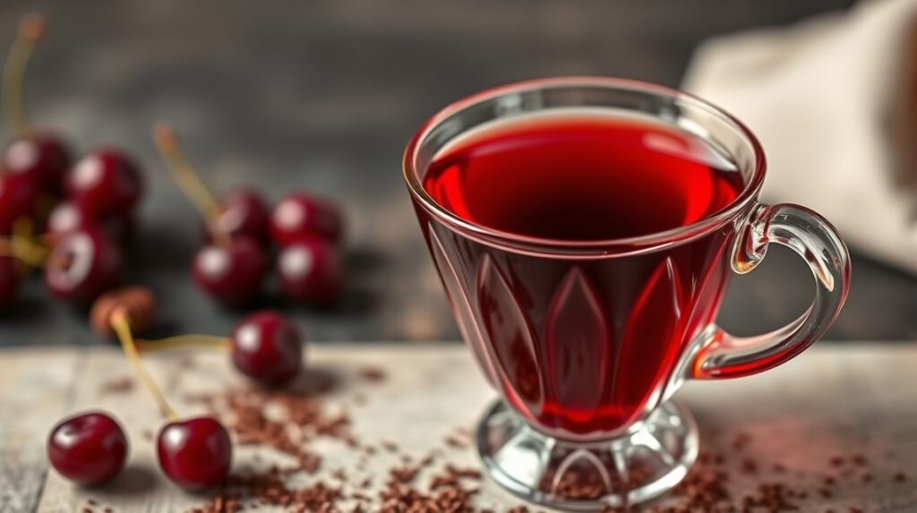 Ginja de Óbidos meggylikőr csokoládé pohárban, friss meggy a háttérben