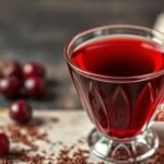 Ginja de Óbidos meggylikőr csokoládé pohárban, friss meggy a háttérben