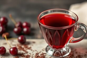 Ginja de Óbidos meggylikőr csokoládé pohárban, friss meggy a háttérben