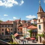 Óbidos város nézőpontja, könyvesboltokkal és építészeti részletekkel.