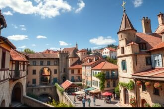 Óbidos város nézőpontja, könyvesboltokkal és építészeti részletekkel.