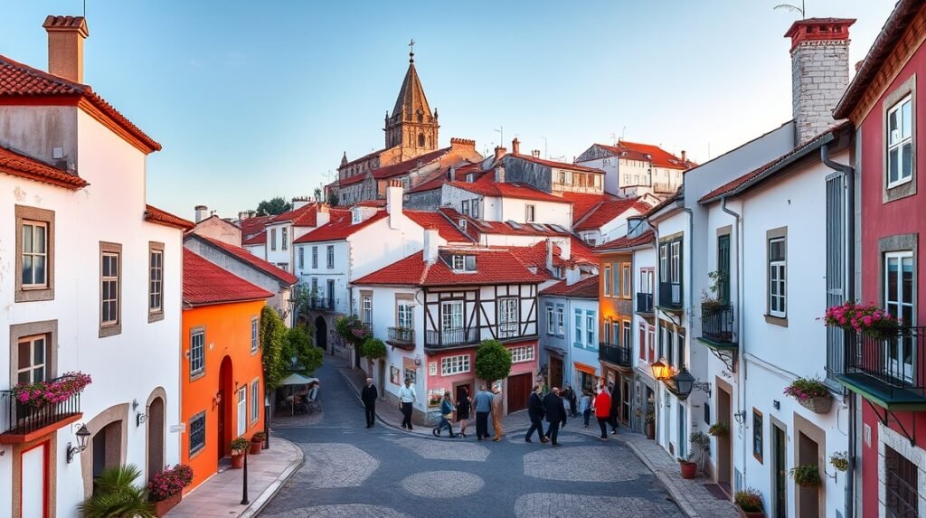 Óbidos városa, színes házak és a templom toronya a háttérben.