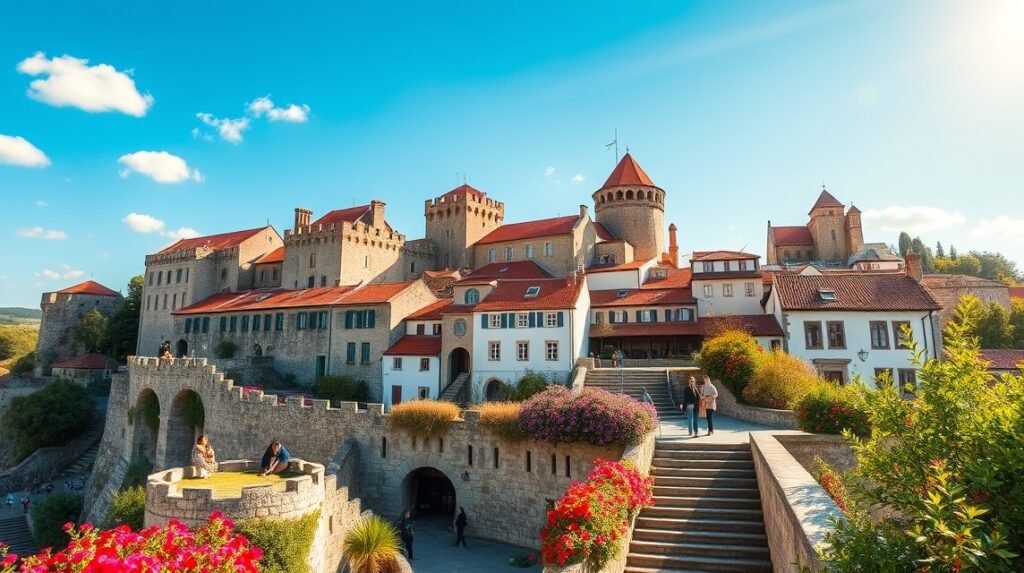 Óbidos vára napsütéses időben, virágokkal körülvéve.