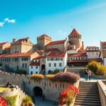 Óbidos vára napsütéses időben, virágokkal körülvéve.