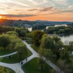 Naplemente a Mondego folyónál, Parque Verde zöld területén.