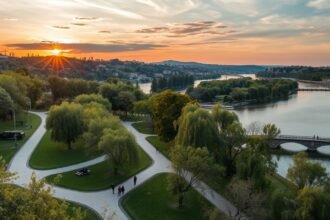 Naplemente a Mondego folyónál, Parque Verde zöld területén.