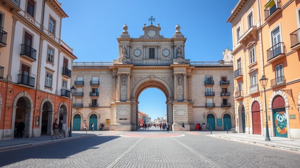 A gyönyörű Arco de Almedina városkapu Coimbra belvárosában.