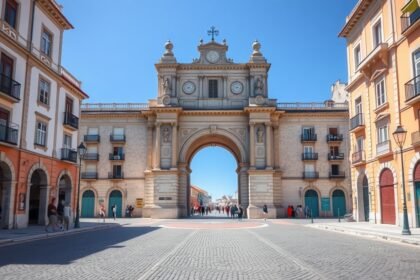 A gyönyörű Arco de Almedina városkapu Coimbra belvárosában.