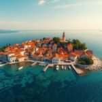 Primošten, festői félszigeti falu Horvátországban, macskaköves utcákkal.