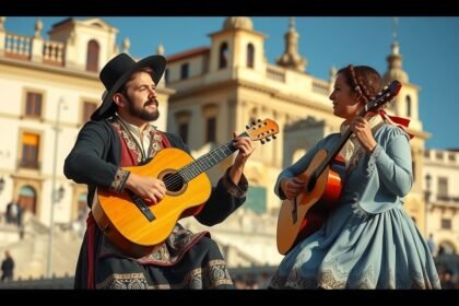 Két zenész coimbrai fado előadás közben, hagyományos öltözetben.