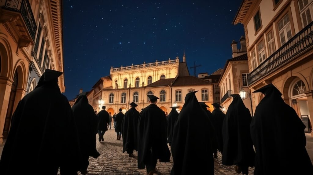 Coimbra diákjai fekete köpenyben a csillagos ég alatt.