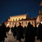 Coimbra diákjai fekete köpenyben a csillagos ég alatt.