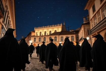 Coimbra diákjai fekete köpenyben a csillagos ég alatt.