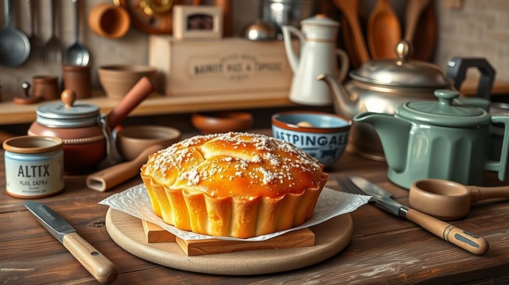 Kézműves Pastel de Tentúgal sütemény tínfőzőasztalon.