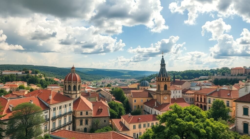 Coimbra városának panorámája a nyári időjárásban