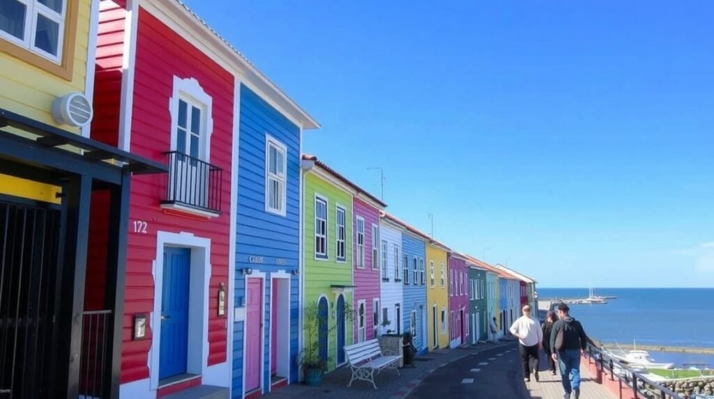 Costa Nova csíkos halászházai tengerparti sétányon Aveiróban