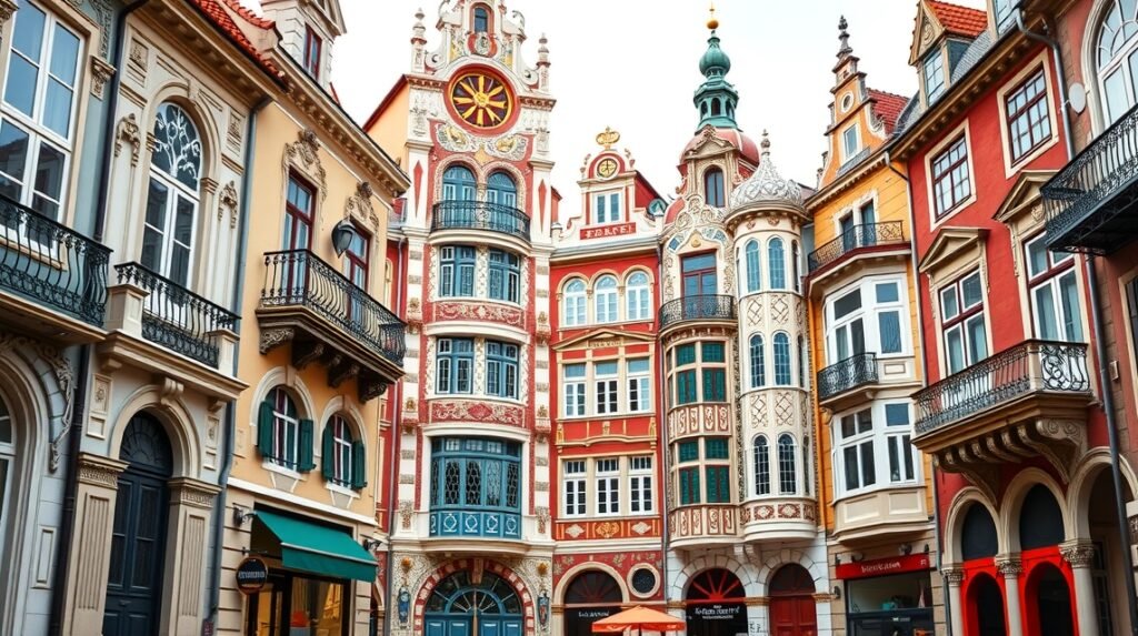 Szecessziós épületek Aveiro belvárosában, díszes homlokzatokkal.