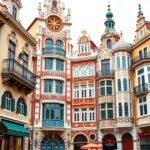 Szecessziós épületek Aveiro belvárosában, díszes homlokzatokkal.