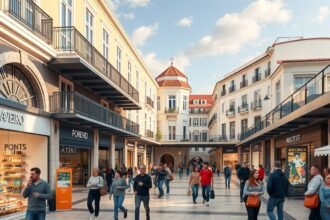 Vásárlás a Forum Aveiro bevásárlóközpontban, sok ember a sétálóutcában.