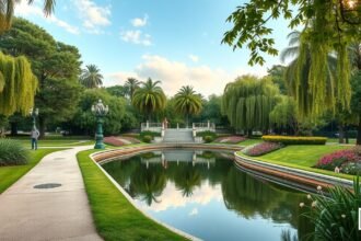 Csodás kilátás az Infante Dom Pedro Park pálmafáival és virágágyásaival