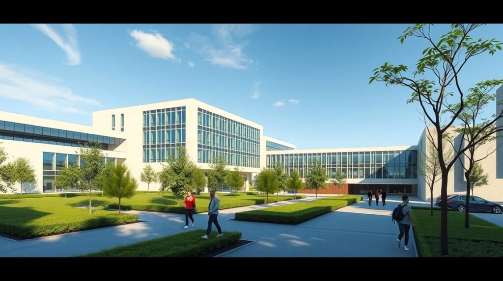 Aveiroi Egyetem modern kampusza zöld környezetben, futurisztikus épületekkel