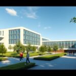 Aveiroi Egyetem modern kampusza zöld környezetben, futurisztikus épületekkel