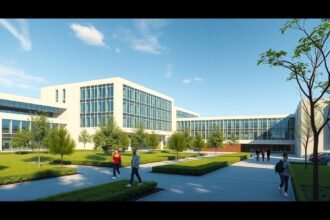 Aveiroi Egyetem modern kampusza zöld környezetben, futurisztikus épületekkel