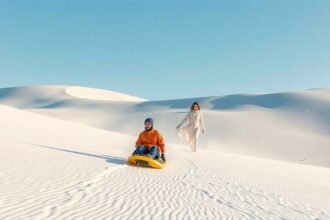 Szánkózás a fehér gipszdűnéken Új-Mexikóban