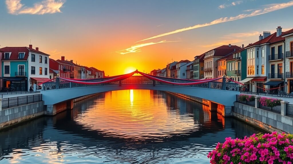 Aveiro Ponte Laços de Amizade naplemente, romantikus kilátás