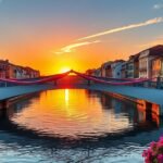 Aveiro Ponte Laços de Amizade naplemente, romantikus kilátás