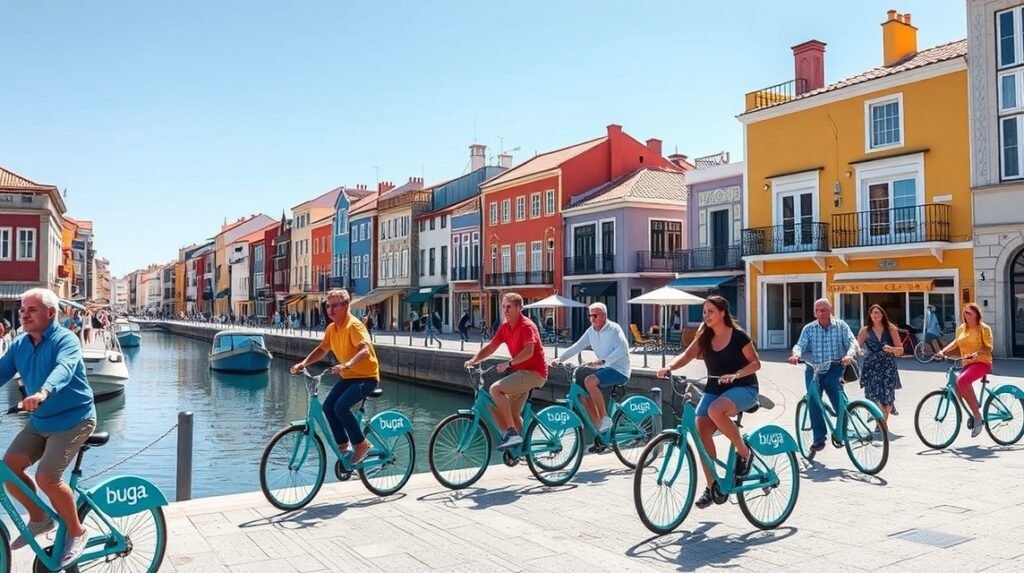 Az ingyenes BUGA kerékpárok használata Aveiróban, Portugáliában.