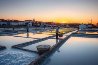 Aveiro sólepárlók naplemente alatt a fehér arany mezőkön.