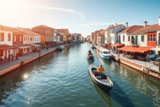 Aveiro csatornája napsütésben, csónakkal a vízen.