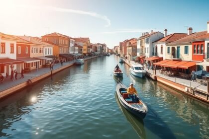 Aveiro csatornája napsütésben, csónakkal a vízen.