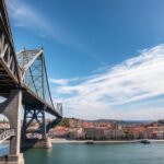 A Dom Luís I híd és a Ribeira kilátás Portóban, Portugáliában.
