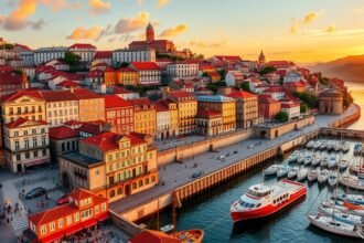 Naplemente a Porto Ribeira negyedében, színes házak a Douro-parton.