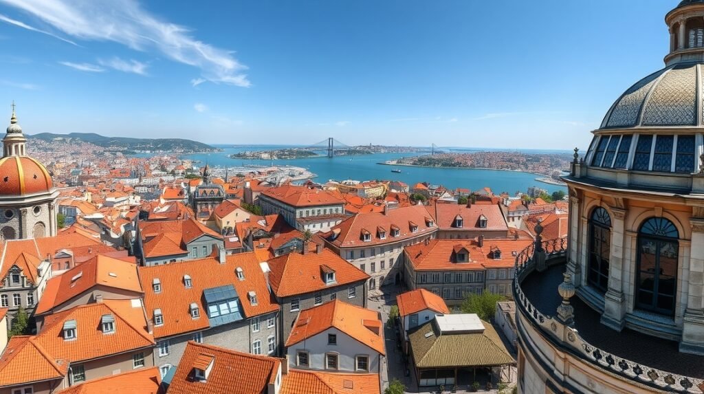 Kilátás a Clérigos-toronyról Portó városára és a Douro-folyóra