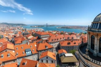 Kilátás a Clérigos-toronyról Portó városára és a Douro-folyóra