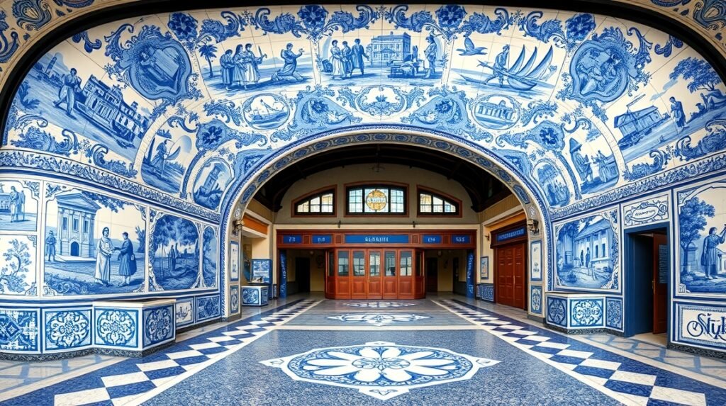 Azulejo csempe a São Bento pályaudvaron Portóban, Portugáliában.