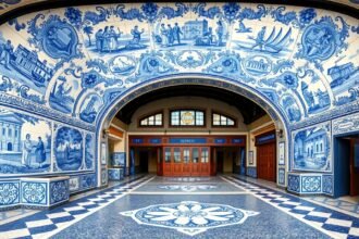 Azulejo csempe a São Bento pályaudvaron Portóban, Portugáliában.