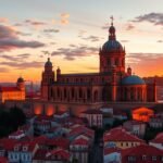 A Sé do Porto erődítménye naplementében Portóban