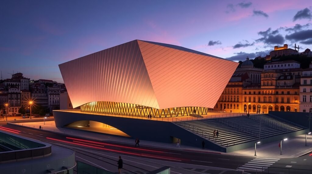 A Casa da Música modern koncertterem Porto városában, lenyűgöző építészettel.