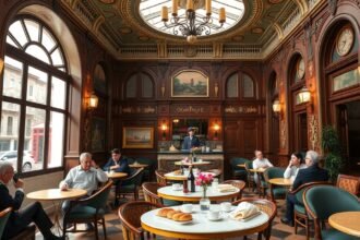 A Majestic Café elegáns belső terének panorámája Porto szívében.