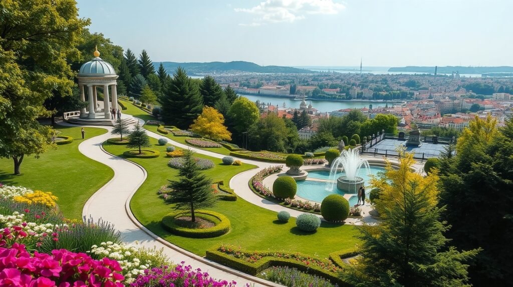 Kristálypalota kertjei gyönyörű tájjal és virágokkal Portóban