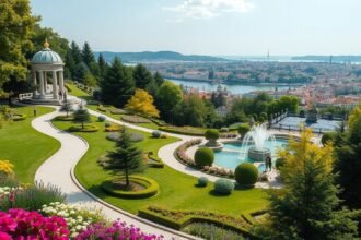 Kristálypalota kertjei gyönyörű tájjal és virágokkal Portóban